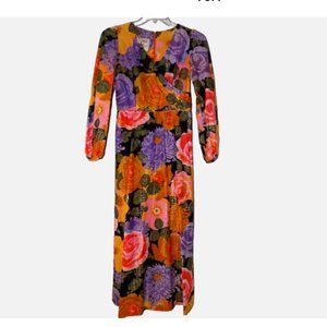VINTAGE Alice of California Bright Floral Wrap Maxi Dress Gown Metallic Gold